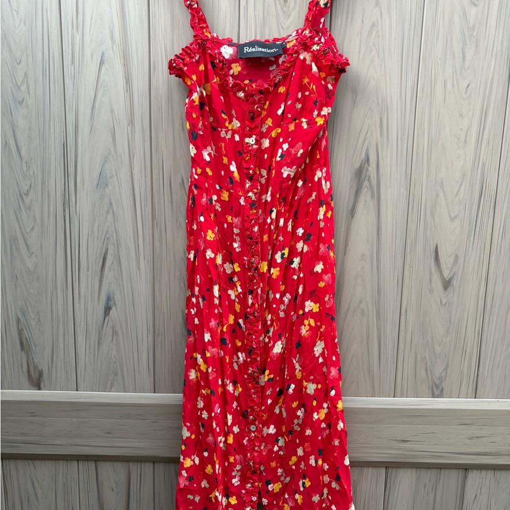 Realisation Par The Juliet Button Front Silk Midi Floral Dress Rouge Fleur - Picture 8 of 12